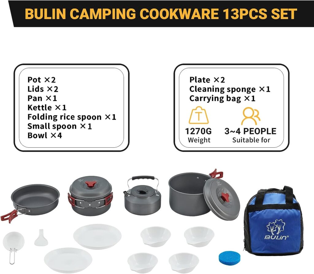 Bulin 24/13/11/8/4 PCS Camping Cookware Mess Kit Lightweight Backpacking Cooking Set Outdoor Cook Gear for Family Hiking, Picnic(Kettle, Pot, Frying Pan, Bowls, Plates, Spoon)