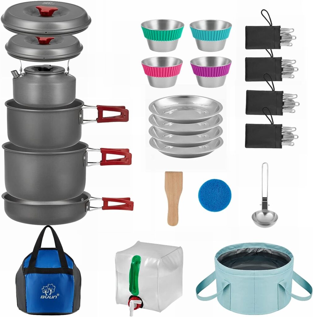 Bulin 37PCS Camping Cookware Mess Kit Lightweight Backpacking Cooking Set Outdoor Cook Gear for Family Hiking, Picnic(Kettle, Pot, Frying Pan, Cups, Plates, Forks Knives Spoons, Carabiner)