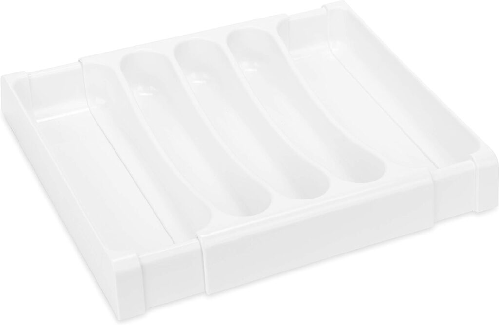 Camco Adjustable Cutlery Tray - Designed for RV and Compact Kitchen Drawers , Adjusts between 9 and 13 for An Easy Custom Fit -White (43503)