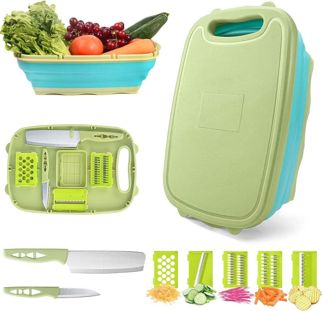 Camping Cutting Board, HI NINGER Collapsible Chopping Board with Colander, 9-In-1 Multi Chopping Board Kitchen Vegetable Washing Basket for Camping,Camping Gifts Camping Accessories for RV Campers