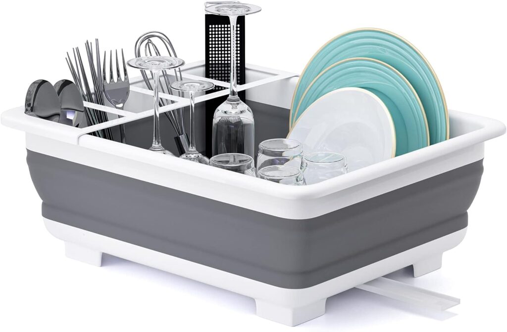 Collapsible Dish Drying Rack Portable Dinnerware Drainer Organizer for Kitchen RV Campers Travel Trailer Space Saving Kitchen Storage Tray