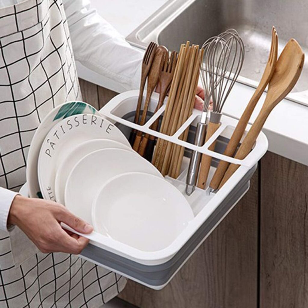 Collapsible Dish Drying Rack Portable Dinnerware Drainer Organizer for Kitchen RV Campers Travel Trailer Space Saving Kitchen Storage Tray