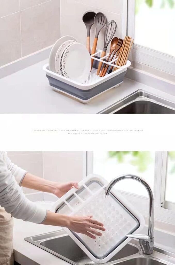 Dish Drainer Collapsible Dish Rack Drainer Foldable  Portable Dish  Cutlery Organizer Space Saving Kitchen Accessory for Inside Camper  Travel Trailers, White Gray