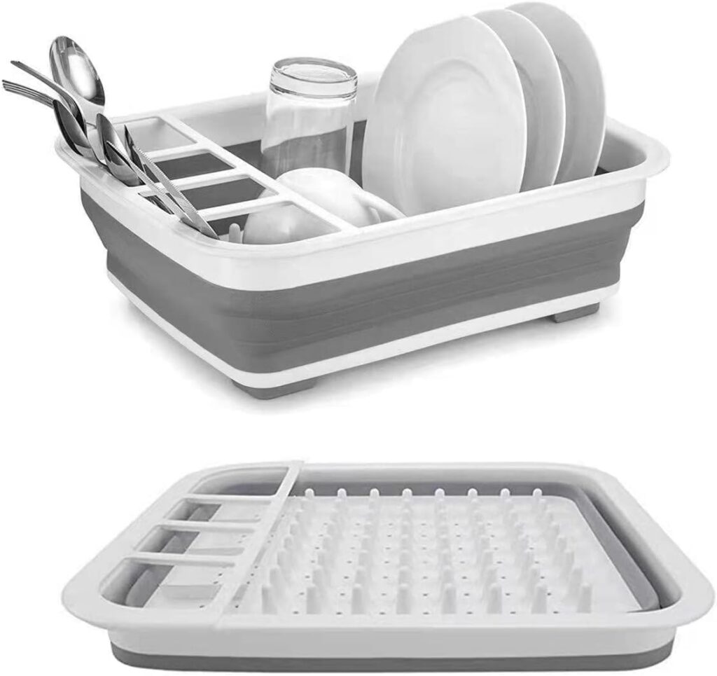 Dish Drainer Collapsible Dish Rack Drainer Foldable  Portable Dish  Cutlery Organizer Space Saving Kitchen Accessory for Inside Camper  Travel Trailers, White Gray