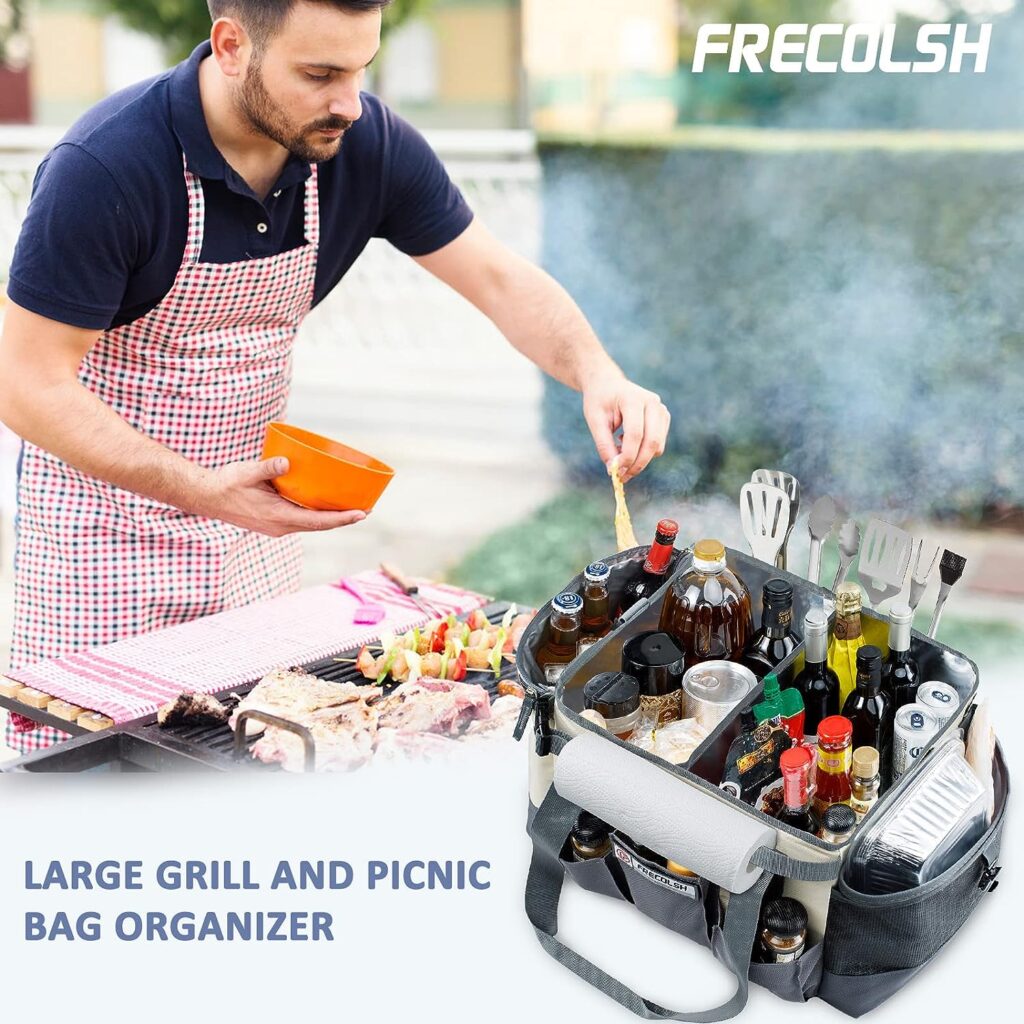 FRECOLSH Large Grill Caddy-BBQ/Tailgating Accessories, BBQ/Camping Caddy -Blackstone Grill Condiment Holder-Camping Gear-Grilling Bag-Camper Must Have Bag - Grilling Gifts for Men, Fathers Day, Women