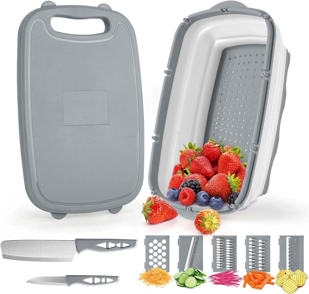 Gintan Camping Cutting Board, 9-in-1 Collapsible Chopping Board with Colander,Camping Gifts for Campers Happy Camper,Camping Accessories for RV Campers (Grey)