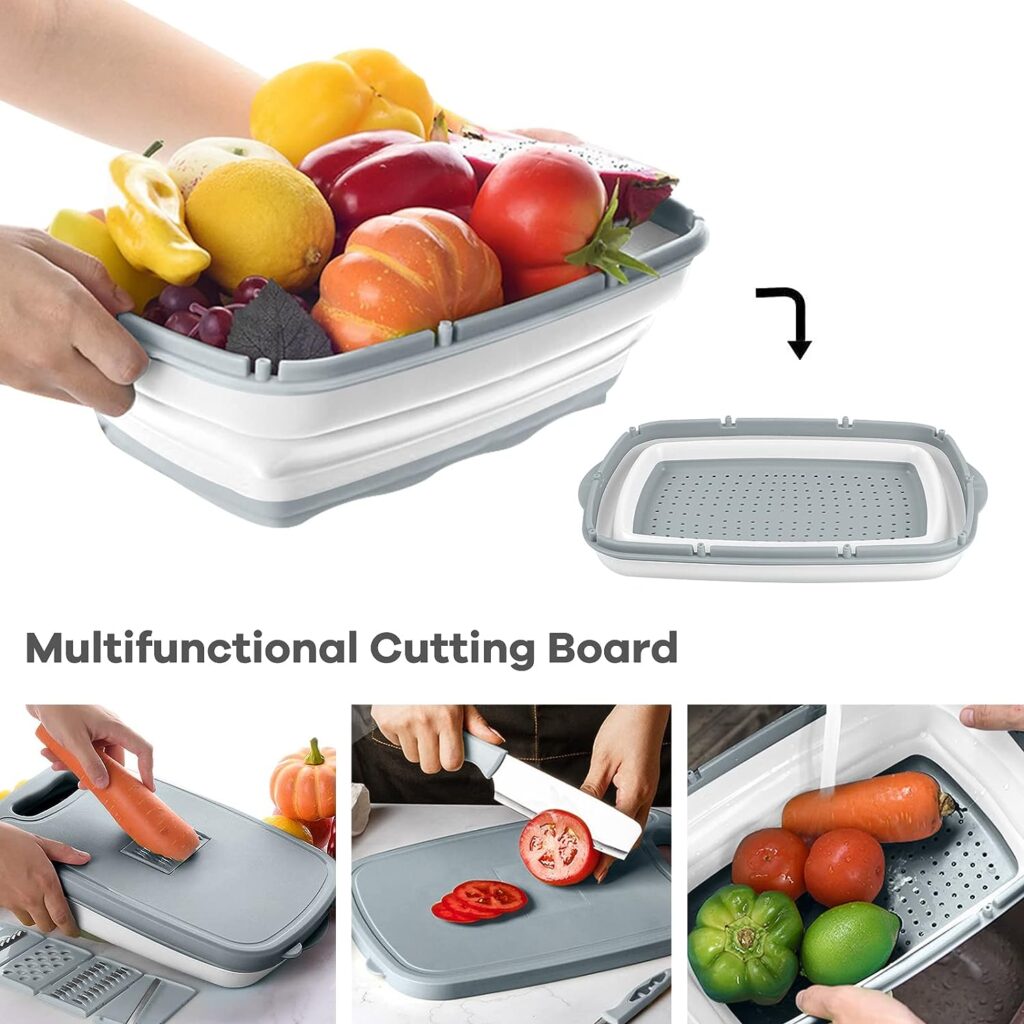 Gintan Camping Cutting Board, 9-in-1 Collapsible Chopping Board with Colander,Camping Gifts for Campers Happy Camper,Camping Accessories for RV Campers (Grey)