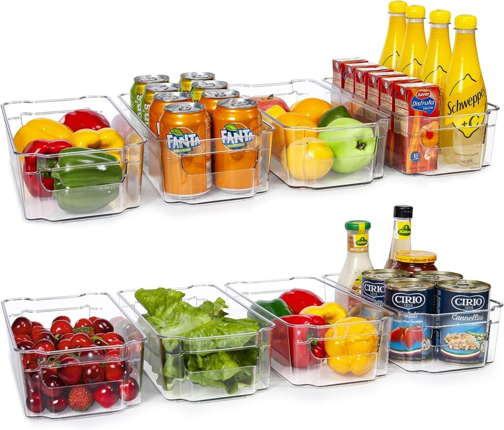 HOOJO Refrigerator Organizer Bins - 8pcs Clear Plastic Bins For Fridge, Freezer, Kitchen Cabinet, Pantry Organization, BPA Free Fridge Organizer, 12.5 Long, Clear