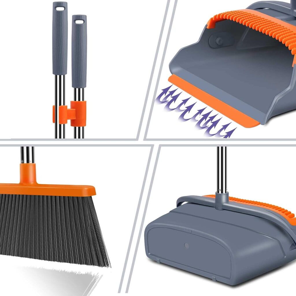 kelamayi Upgrade Stand Up Broom and Dustpan Set, Self-Cleaning with Dustpan Teeth, Ideal for Dog Cat Pets Home Use, Super Long Handle (GrayOrange)