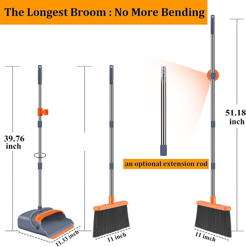 kelamayi Upgrade Stand Up Broom and Dustpan Set, Self-Cleaning with Dustpan Teeth, Ideal for Dog Cat Pets Home Use, Super Long Handle (GrayOrange)