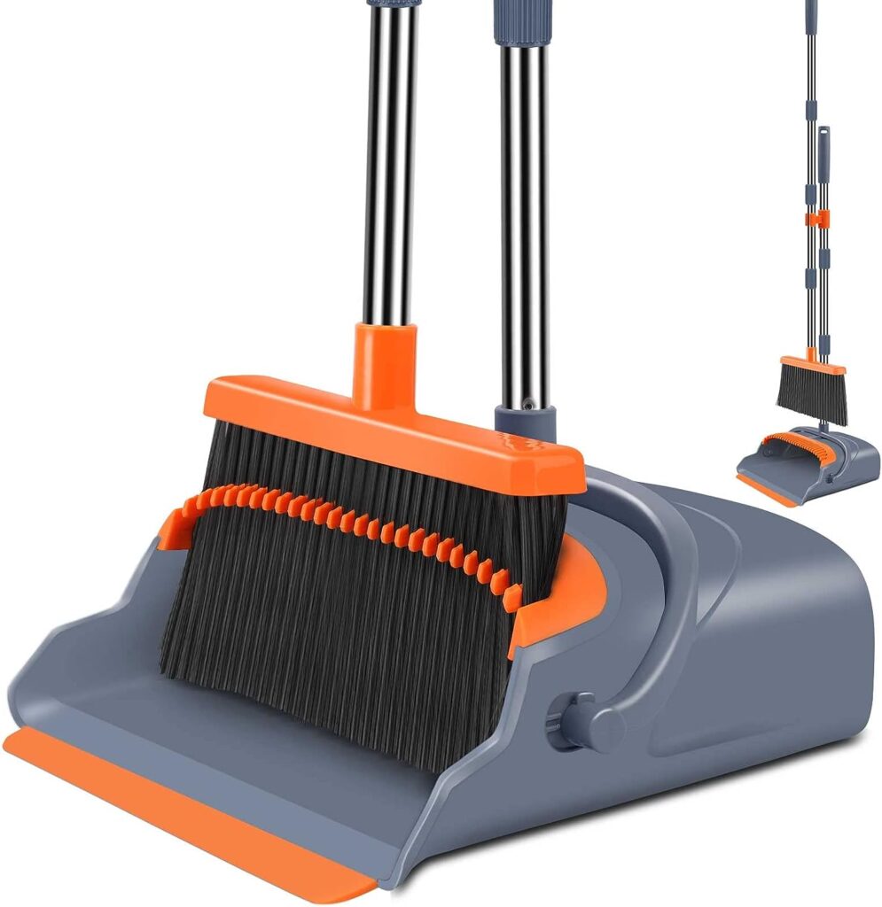 kelamayi Upgrade Stand Up Broom and Dustpan Set, Self-Cleaning with Dustpan Teeth, Ideal for Dog Cat Pets Home Use, Super Long Handle (GrayOrange)