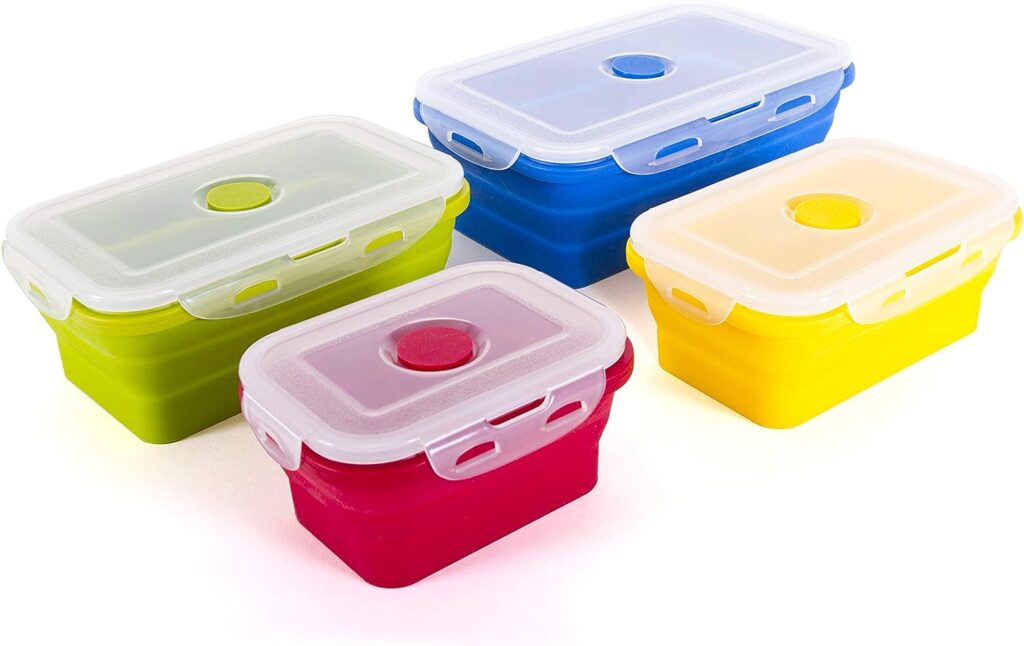 Kitchen + Home Thin Bins Collapsible Containers – Set of 4 Rectangle Silicone Food Storage Containers – BPA Free, Microwave, Dishwasher and Freezer Safe