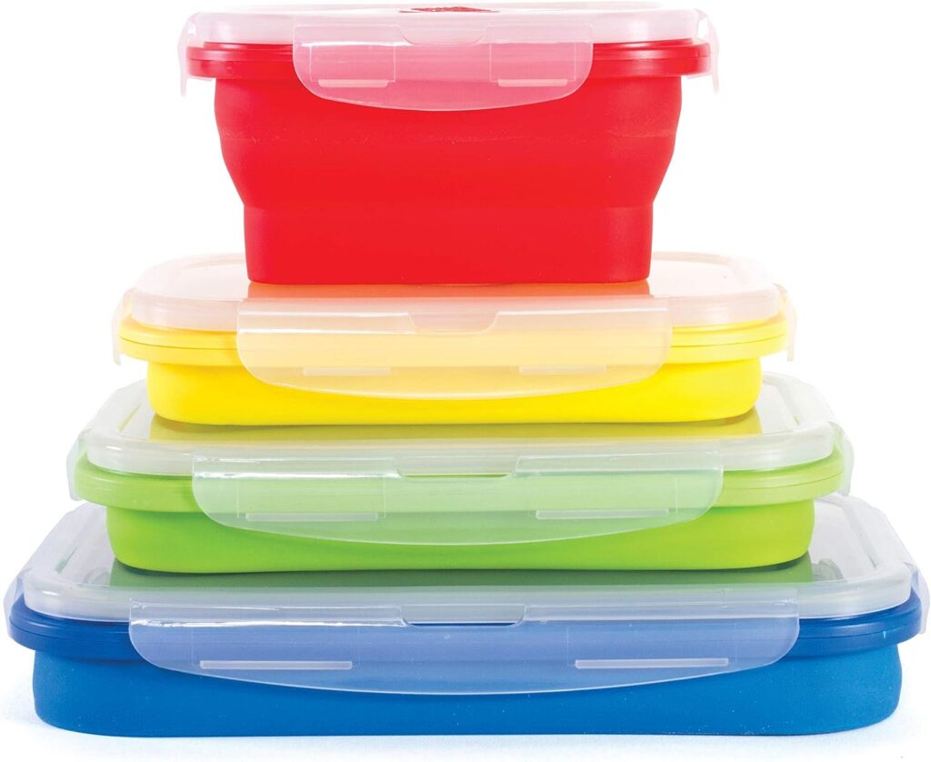 Kitchen + Home Thin Bins Collapsible Containers – Set of 4 Rectangle Silicone Food Storage Containers – BPA Free, Microwave, Dishwasher and Freezer Safe