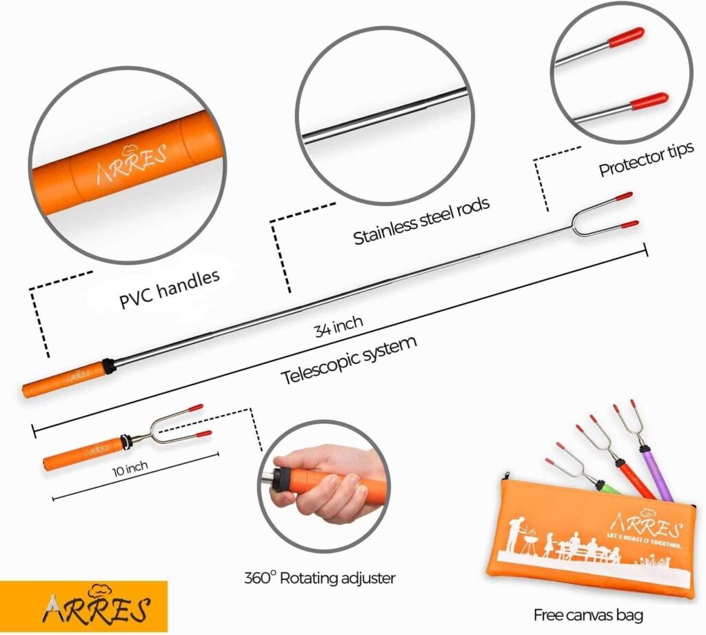 Marshmallow Roasting Sticks kit-Telescoping Stainless Steel Cookware Set Forks for Smores  Best Camping Accessories for Kids Over Campfire  Hot Dog Fire Pit Cooking