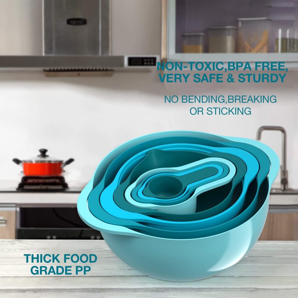 Mixing Bowls-Plastic Nesting Mixing Bowl Set of 8, Kitchen Gadgets for Apartments Space Saving, Including Measuring Cups Sifter Colander, Easy Storage Cooking Baking, Rv Camper Accessories, BPA Free