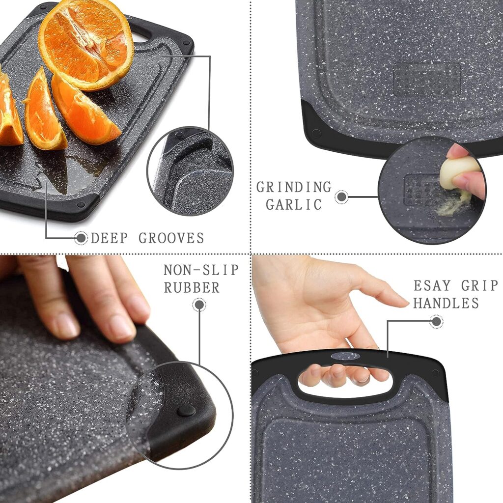 Plastic Cutting Board, 3 Pieces Dishwasher Safe Cutting Boards with Juice Grooves, Easy Grip Handle, Non-Slip, with Grinding Area for Grinding Garlic and Ginger（Dark Grey）