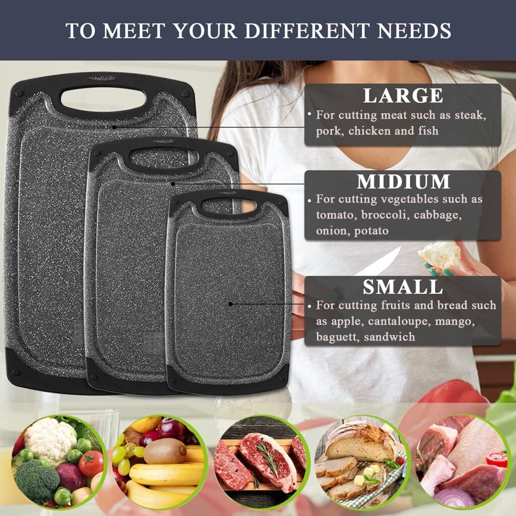 Plastic Cutting Board, 3 Pieces Dishwasher Safe Cutting Boards with Juice Grooves, Easy Grip Handle, Non-Slip, with Grinding Area for Grinding Garlic and Ginger（Dark Grey）