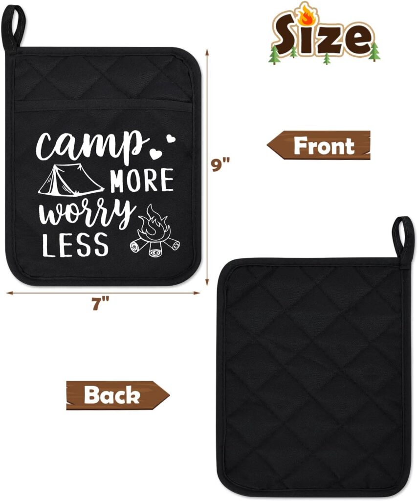 Vansolinne Camping Funny Pot Holder Camp Themed Heat Resistant Pad with Pocket Kitchen Potholder Supplies Gift for Camper Bake-Lover Housewarming Gift Set of 3