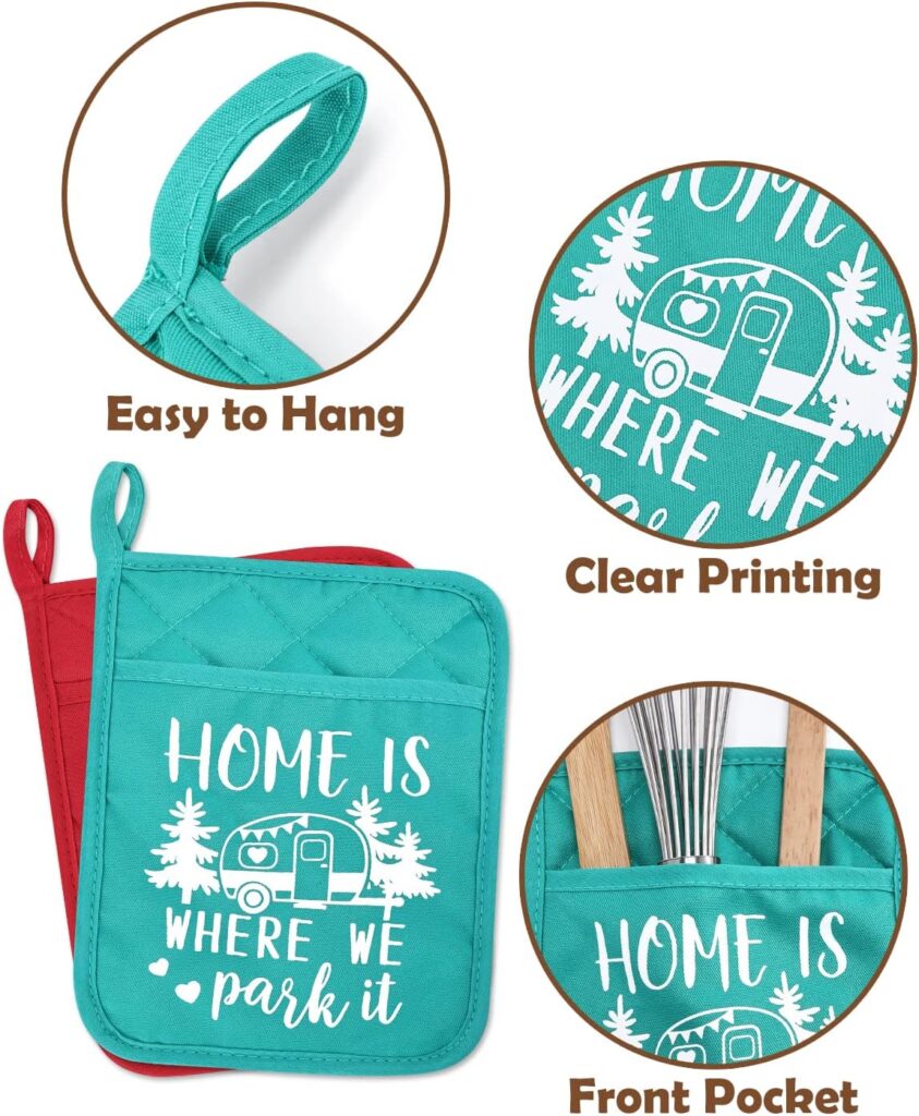 Vansolinne Camping Funny Pot Holder Camp Themed Heat Resistant Pad with Pocket Kitchen Potholder Supplies Gift for Camper Bake-Lover Housewarming Gift Set of 3