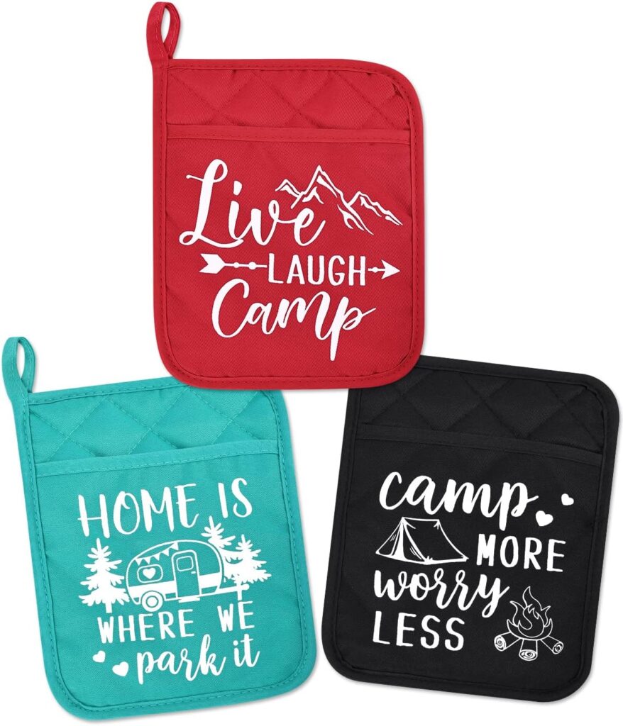 Vansolinne Camping Funny Pot Holder Camp Themed Heat Resistant Pad with Pocket Kitchen Potholder Supplies Gift for Camper Bake-Lover Housewarming Gift Set of 3