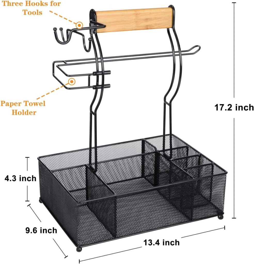 FANGSUN Grill Caddy, BBQ Caddy with Paper Towel Holder, Picnic Condiment Utensil Caddy for Outdoor Camping, Barbecue Accessories Storage Organizer for Griddle Grilling Tool, Rv Patio Camper Must Haves, 13.4W x 9.6D x 17.2H