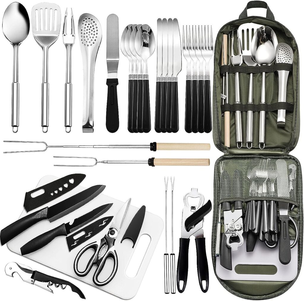 Portable Camping Kitchen Utensil Set-27 Piece Cookware Kit, Stainless Steel Outdoor Cooking and Grilling Utensil Organizer Travel Set Perfect for Travel, Picnics, RVs, Camping, BBQs, Parties and More